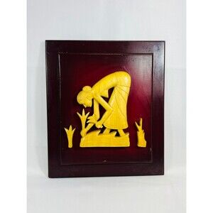 Original Hand Carved Wood Oriental Asian Art Woman in Field Flowers Two Toned